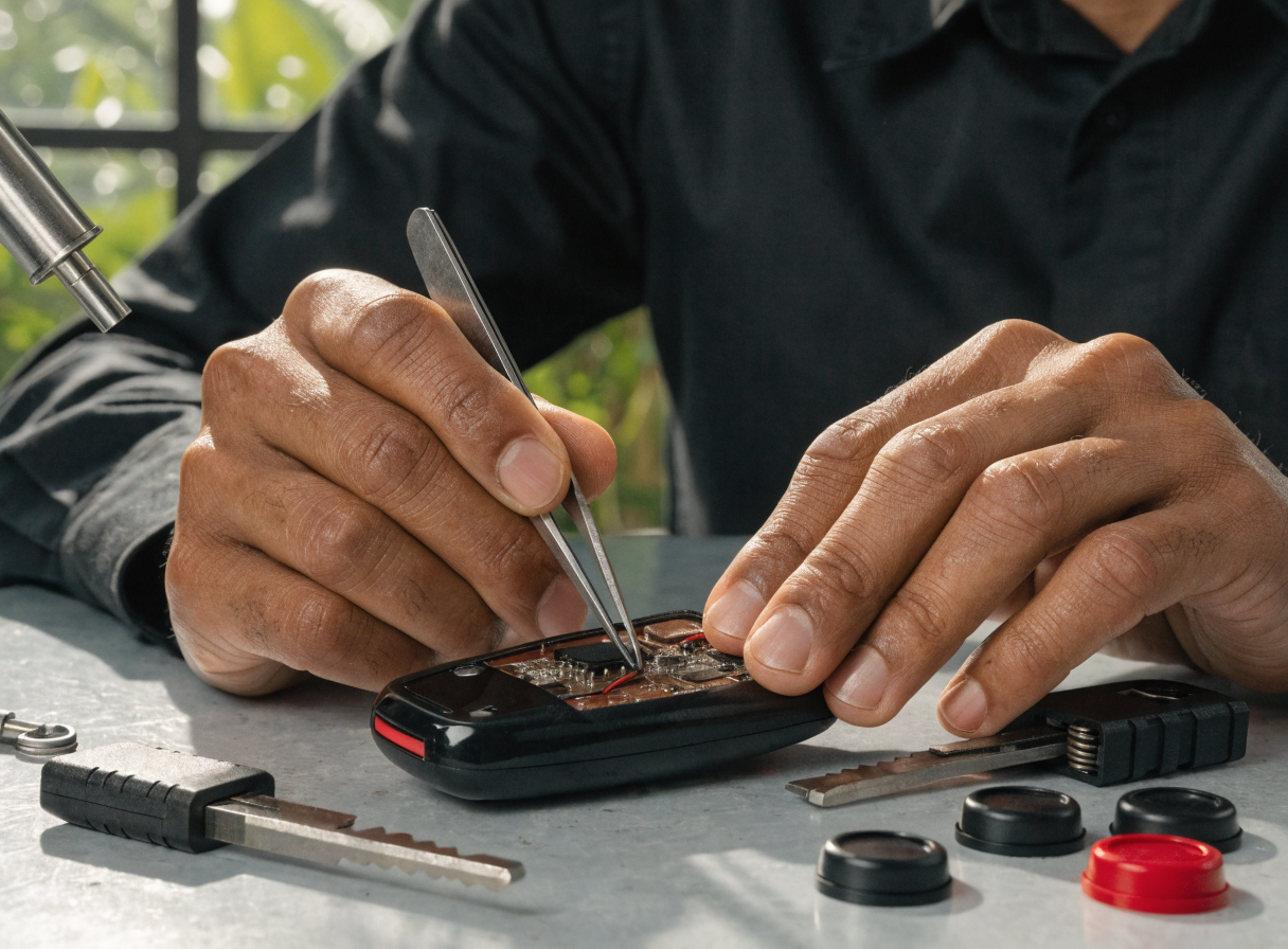 Réparation précise d’une télécommande automobile dans un atelier au Lamentin